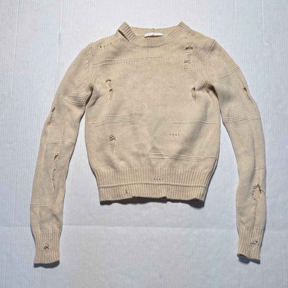 HELMUT LANG Cream Distressed Crewneck Long Sleeve Sweater Wool Yak Cashmere XXS‎